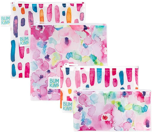 Bumkins - Cloth Snack & Sandwich Bags - For Storage, Travel, Food Prep, Lunch - Reusable, Water Resistant, Dishwasher Safe - Snack Bags for Kids - Zipper Closure - Watercolors & Brushstrokes - 4 Pack