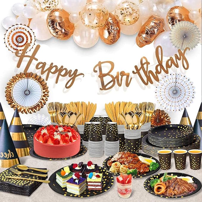 AIRE 350PCS Black Gold Paper Plates Party Supplies Dinnerware Sets for 50 Guests, Disposable Paper Party Plates, Dessert Plates, Cups, Napkins, Plastic Spoons, Forks, Knives for Wedding Birthday