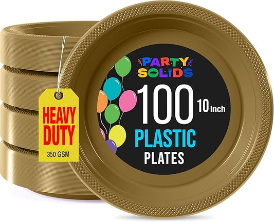 Exquisite Party Solids Gold Plastic Plates For Party 10" Gold Disposable Plates Heavy Duty Supplies 100 Pcs Plastic Dinnerware Sets Heavy Duty 350 GSM Disposable Dinnerware Set