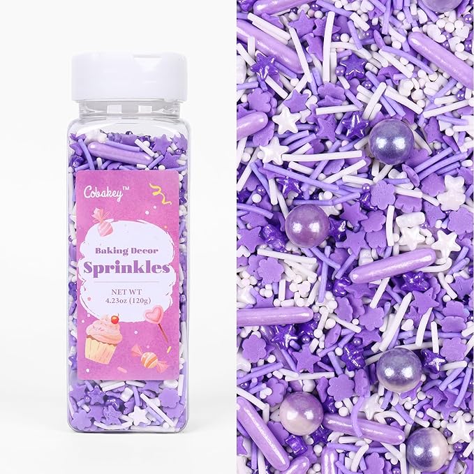 Purple Sprinkles for Cake Decorating 4.23ounce - Sugar Mix Contains Star & Pearl Sprinkles for Cupcake Toppers, Ice Cream, Candy, Cookie Decorations - Holiday Party Supplies