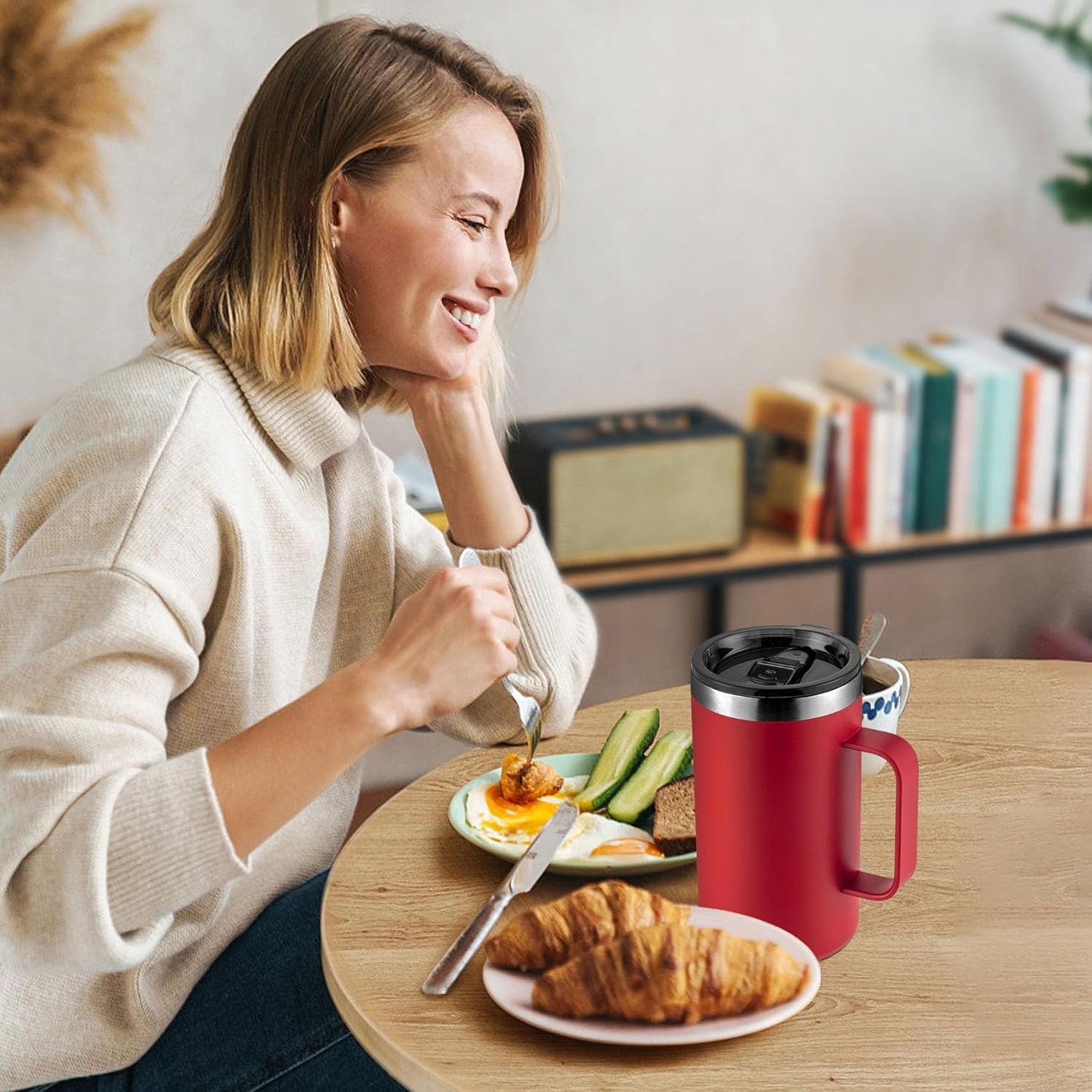 KXIAOCHEN 20oz Insulated Coffee Mug with Lid, Stainless Steel Coffee Cup, Double Wall Vacuum Coffee Tumbler with Handle, Premium Thermal Travel Coffee Mug (Red)