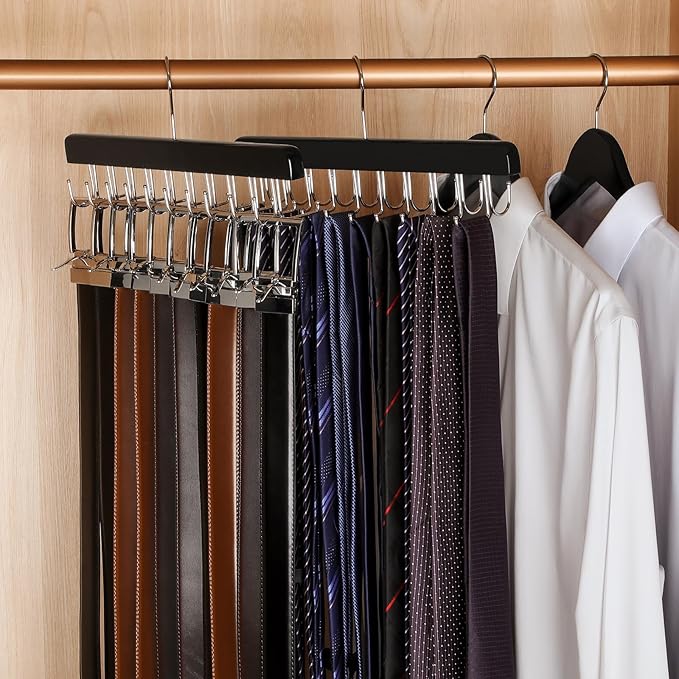 TOPIA HANGER 2 Pack 2 in 1 Belt Tie Hanger for Closet Max 60 Belts with 60 Ties Capacity, 40 Hooks Belt Tie Racks Wooden Hanger for Closet Organizer Storage “U” Fit Belt and “一” Fit Tie - CT52B