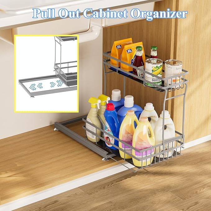 2 Pack Under Sink Organizers and Storage, 2 Tier Pull Out Cabinet Organizer, Metal Sliding Drawer Storage for Kitchen Bathroom，Gray