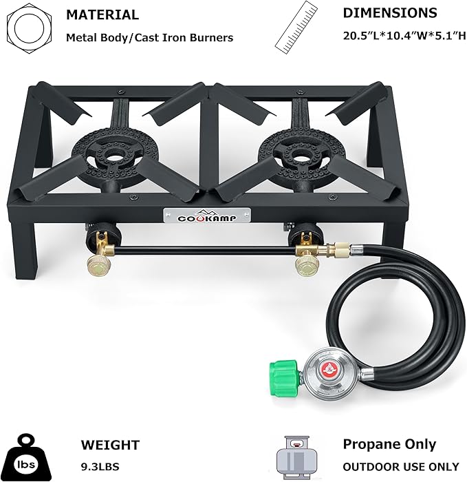 Propane Double Burner Angle Iron Camp Stove with CSA Listed Regulator and 4ft Hose (SA2200)