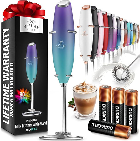 Zulay Kitchen Powerful Milk Frother Wand With 4 AA Duracell Batteries - Ultra Fast Handheld Drink Mixer - Electric Whisk Foam Maker for Coffee, Lattes, Cappuccino, Matcha & Creamer