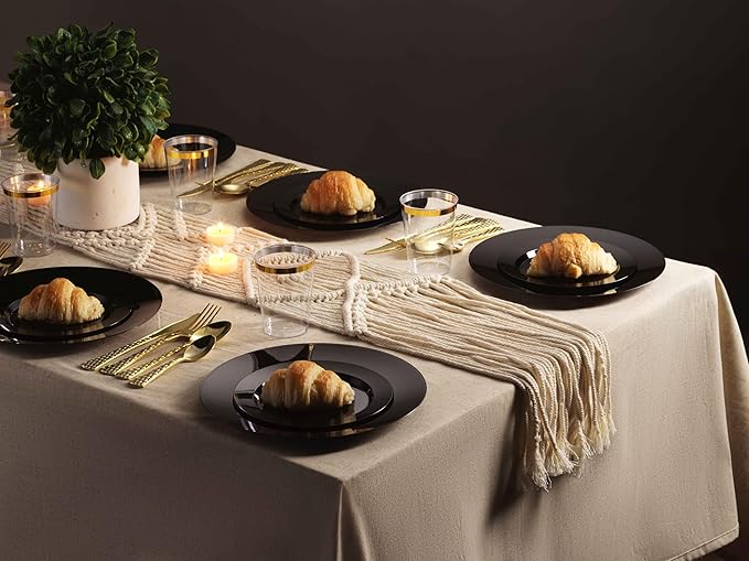 Munfix 100 Black Plastic Plates Set, 50 Pcs 10 Inch Plastic Dinner Plates and 50 Pcs 7 Inch Plastic Dessert Plates, Elegant Fancy Heavy Duty Disposable Plates for Party, Wedding, Black