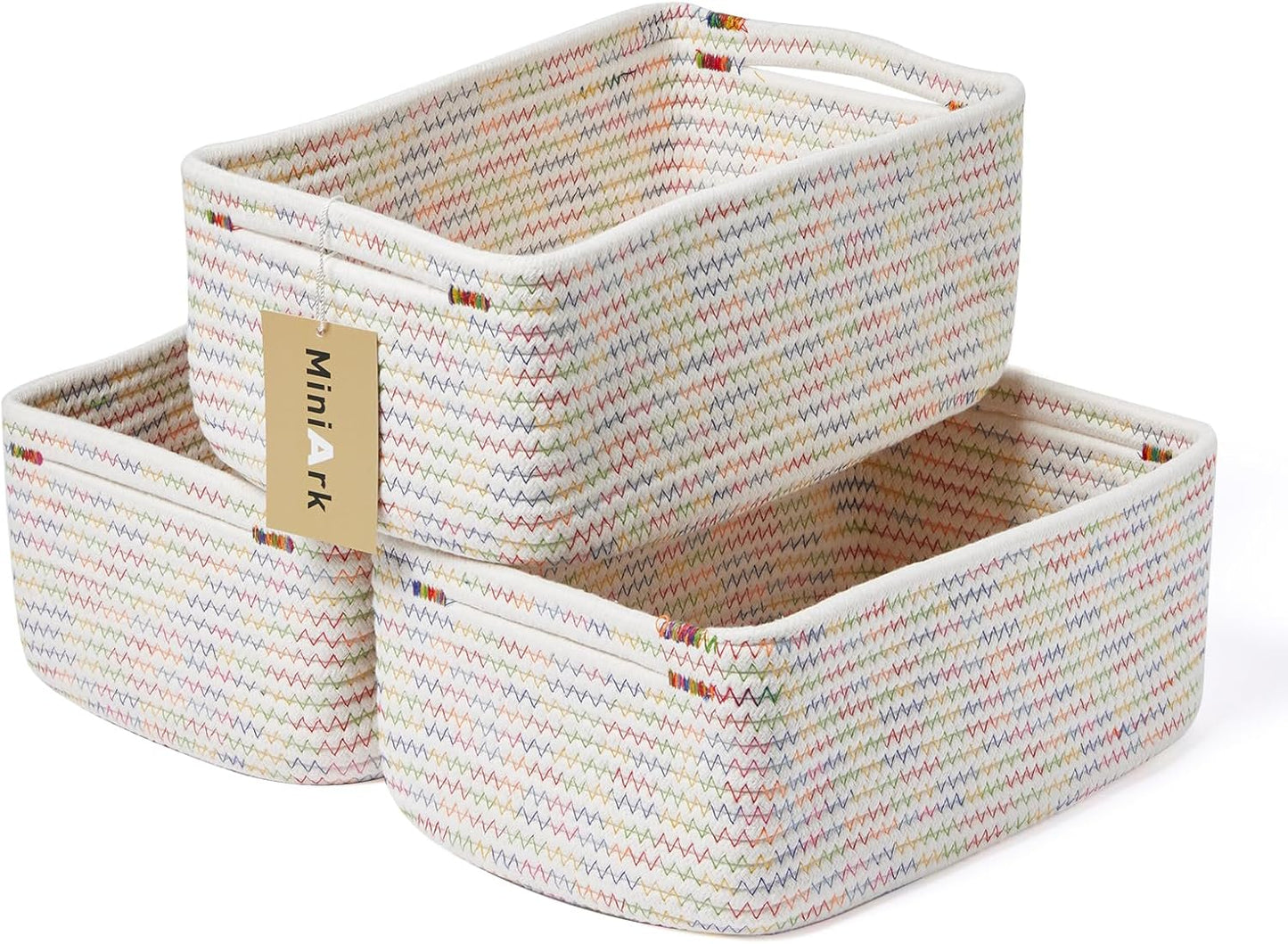 Small Storage Baskets for Organizing | Closet Organizer Bins | Shelf Toy Basket | Woven Rope Baskets | Cube Decorative Box | Shallow Basket | 13x8.5x5.1” | 3 Packs Rainbow