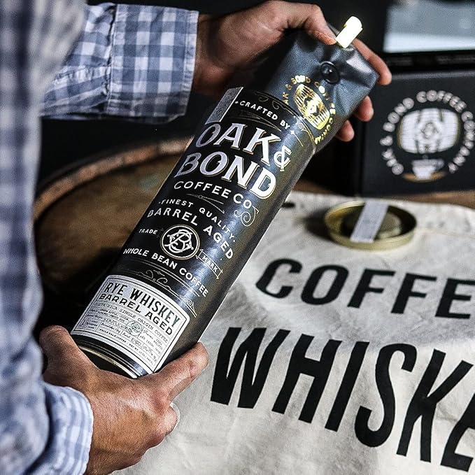 Rye Whiskey Barrel Aged Coffee, Costa Rica Single Origin Small Family Farm Whole Coffee Bean, Medium Roast w/Flavor Notes of Cocoa, Almond, Sweet Rye, Green Apple by Oak & Bond Coffee Co. – 10oz.
