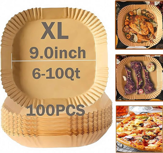 Air Fryer Disposable Paper Liners 9inch, Air Fryer Rack 100PCS Square Liners, Non-Stick Thickened Waterproof Oil-Proof Baking Paper(9.0''-XL)