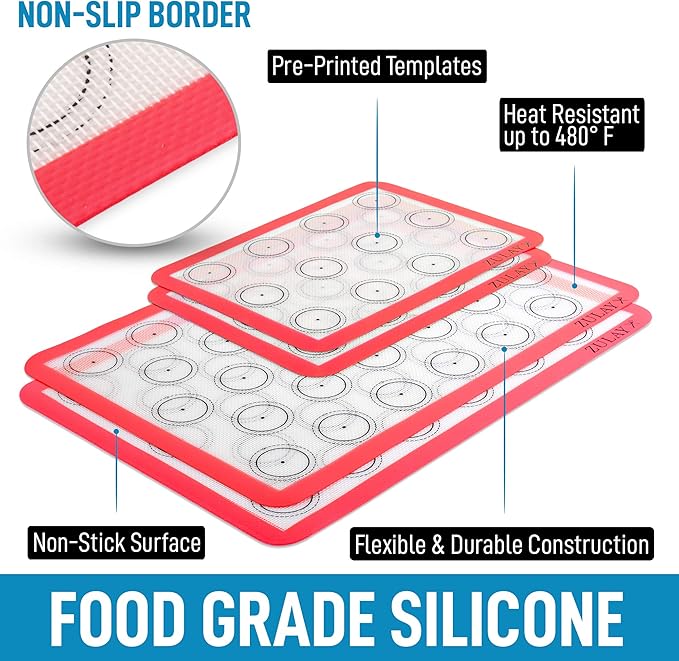 Zulay (Set of 4) Silicone Baking Mat - Macaron Silicone Baking Mats With Pre-printed Template Design - Non Stick & Reusable Silicone Baking Sheet - 2 Half Size + 2 Quarter Size (Red)