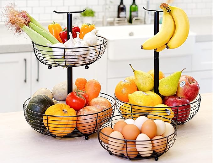 CAXXA 2 Tier Fruit Basket Bowl Kitchen Heavy Duty Wire Organizer, Black