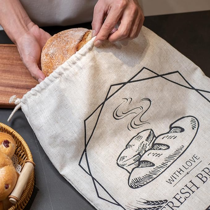 Bread Bags for Homemade Bread,2 Pack Large Sourdough cookies Bags,reusable Linen muffins bag,cloth loaves container for kitchen fresh loaf Storage,with Drawstring Lining Homemade food storage bags