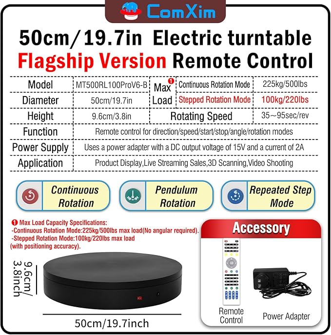 19.7In Remote Large Motorized electric turntable Rotating platform Photography Turntable Motorized lazy susan Base giratoria para for Photography,3D Scanner,Heavy duty display(Load Range:220~500lbs)