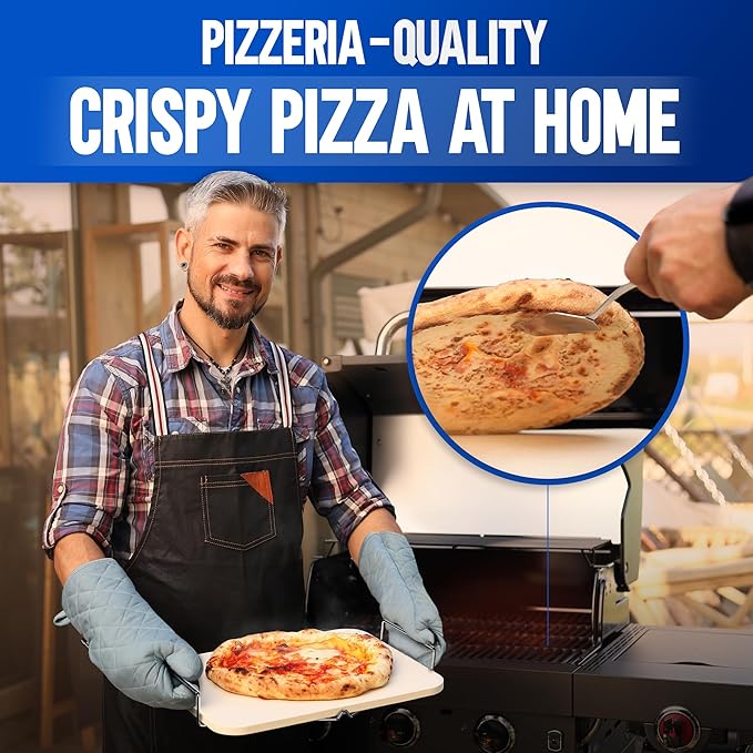 KitchenStar 15x12-inch Pizza Stone for Oven & BBQ Grill with Handles, Rectangular, 5/8" Thick - Natural Cordierite, 1800°F Resistant, Baking Stone Set with Stainless Steel Rack & Plastic Scraper Tool