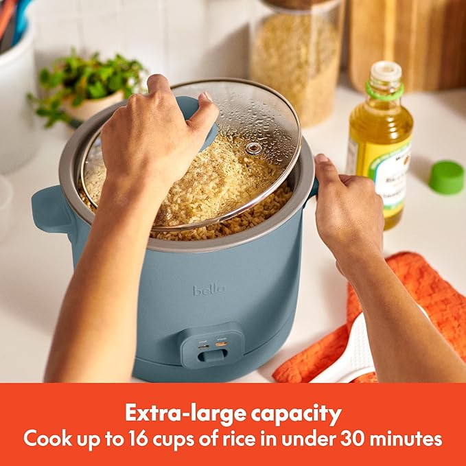bella 16 Cup Rice Cooker with Steamer, Dishwasher Safe Steaming Basket, Rice Paddle and Measuring Cup, Removable Nonstick Cooking Bowl, Automatic Keep Warm Function, 400 Watt, Surf