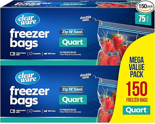Quart Freezer Bags - Double Zipper Seal -150 Count, (2 Packs of 75) Resealable Plastic Freezer Containers - Reusable Pouches for Food Storage, Meat, Fresh Vegetables, Fruit - Microwave-Safe, BPA Free