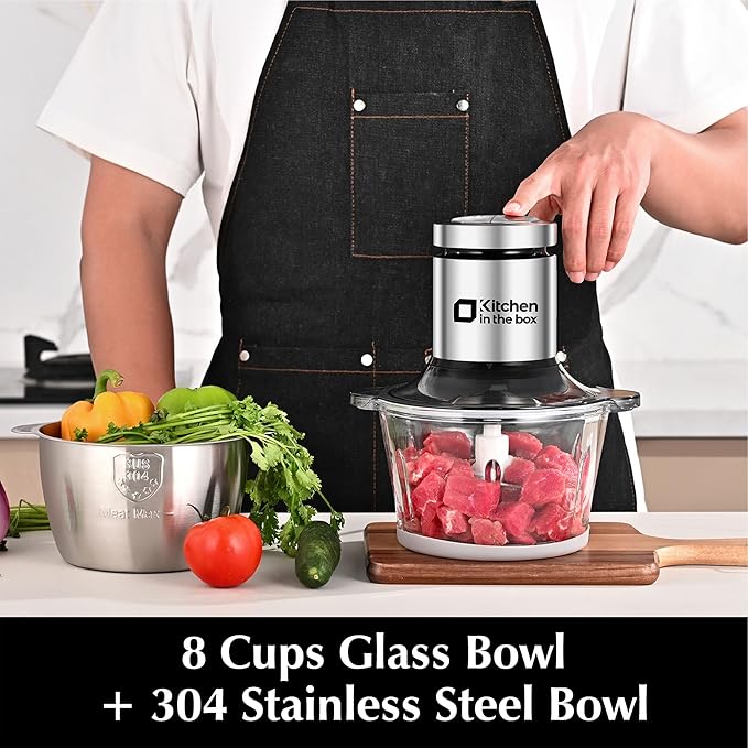 Kitchen in the box Food Processors with 400W All-Copper Motor,Small Meat Grinder & Food Chopper - Electric Vegetable Chopper with 2 8-Cups Bowls & 2 Bi-Level Blades for Meat/fish/Vegetable/Baby Food