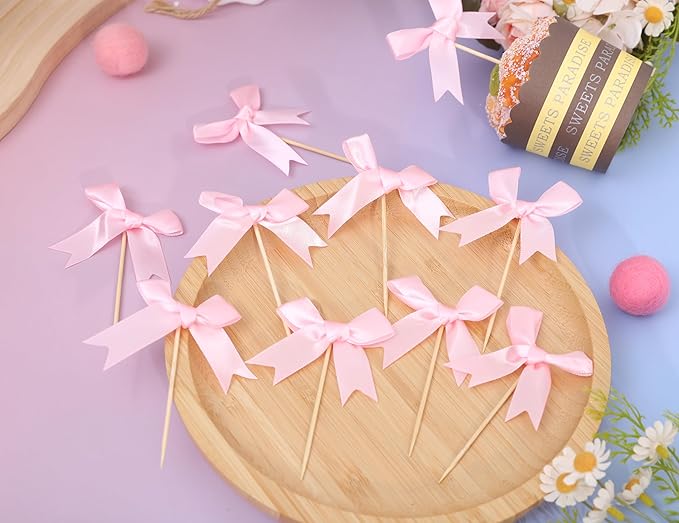 Coquette Pink Bow Cupcake Toppers - Bow Cake Toppers, Birthday Decorations, Bridal Shower & Bachelorette Party Decorations