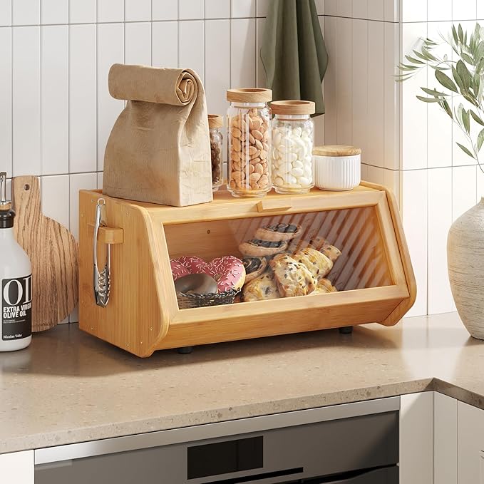 AMBIRD Bamboo Bread Box keep The Bread Fresh For Kitchen Counter-Large Capacity Wooden Bread Storage Container Farmhouse Bread Box with Window Bread Holder