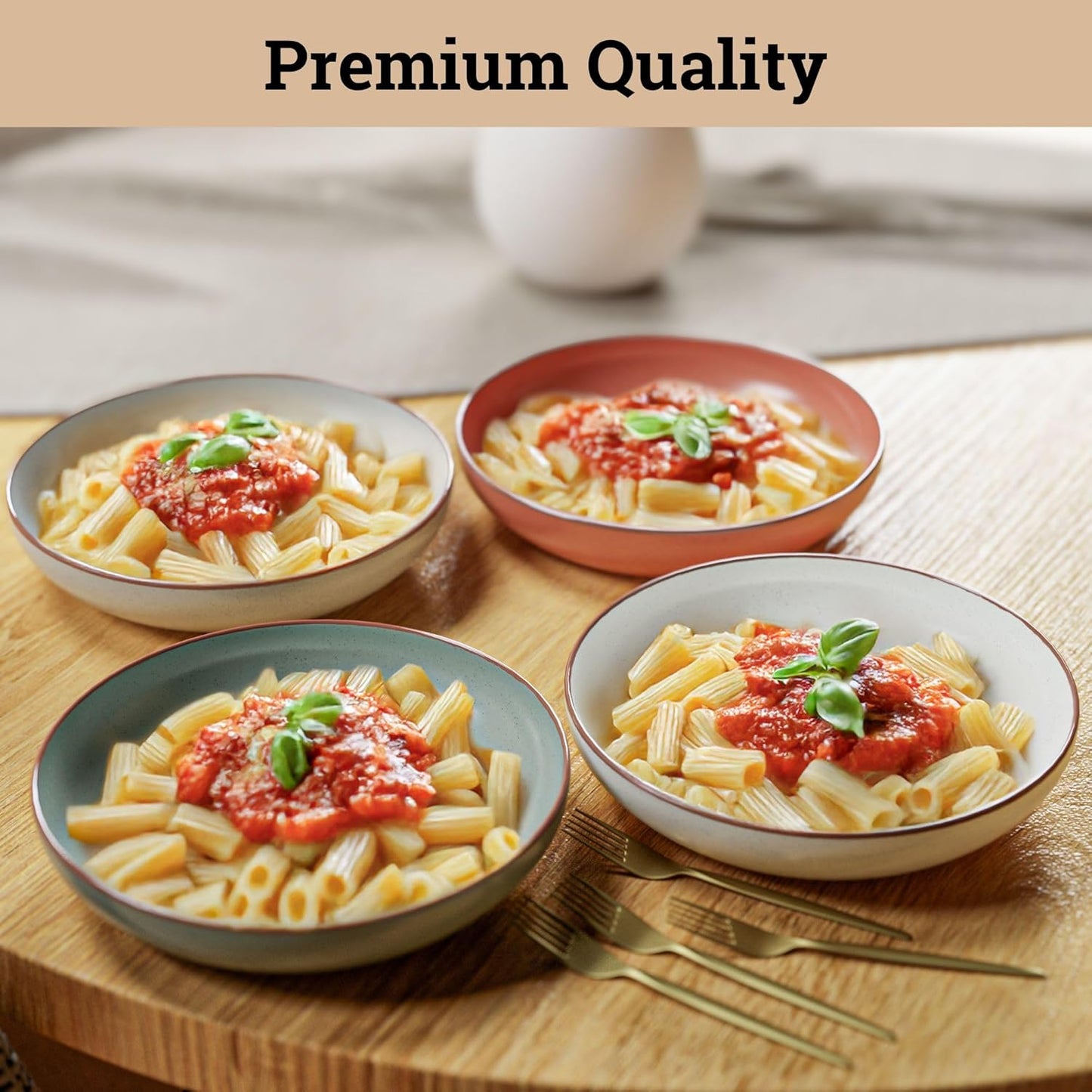 Pasta Bowls Set of 4 - Large 30 oz Bowls - Stylish Ceramic Plates - Safe for Oven, Microwave & Dishwasher - Salad Bowl Set of 4 - Pasta Bowl Plates - Deep Plate with Lid Edge - Blates Dinnerware