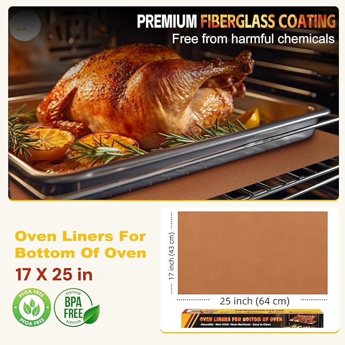 2 Pack Oven Liners for Bottom of Oven, 17"x25" Heavy Duty Non-Stick Oven Liner Mat, Reusable Heat Resistant Grill & Baking Mat, BPA/PFOA Free Roaster Liners, Fits Electric, Gas, Toaster Ovens (Copper)