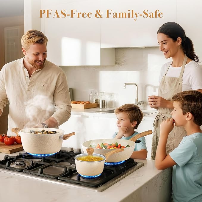 PekGema 14 Pcs Ceramic Cookware Sets, Pots and Pans Set Nonstick, Non Toxic Healthy Non stick Kitchen Cooking Set, Induction Cookware with Frying Pan Set, PFAS PTFE PFOA FREE, White