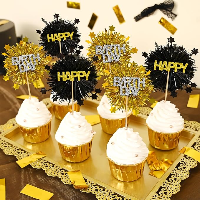 LOLStar 12 PCS Happy Birthday Cake Toppers, Black and Gold Foil Cupcake Toppers, Glitter Tinsel Cupcake Decor, Food Picks Drink Stirrers Cocktail Toothpicks for Celebrating Party Supplies