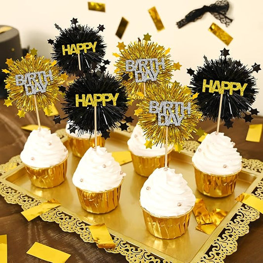 LOLStar 12 PCS Happy Birthday Cake Toppers, Black and Gold Foil Cupcake Toppers, Glitter Tinsel Cupcake Decor, Food Picks Drink Stirrers Cocktail Toothpicks for Celebrating Party Supplies