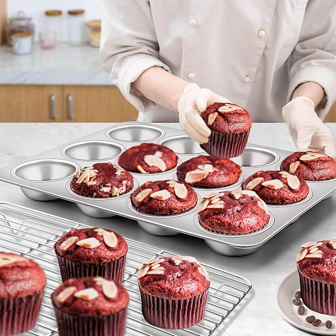 Homikit 2 Pack Muffin Pan, Stainless Steel Cupcake Tin with 12 Cups Regular Size, 13.8" x 10.4" Nonstick Metal Egg Bites Tray for Oven Baking, Non Toxic & Rust Free, Easy Release & Dishwasher Safe