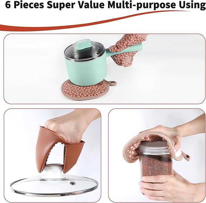 Oven Mitts And Pot Holders Set 6Pcs,Kitchen Oven Glove,High Heat Resistant 500°F Large Size Oven Mits And Potholders With Soft Cotton Lining And Non-Slip Silicone Surface For Cooking (Brown)