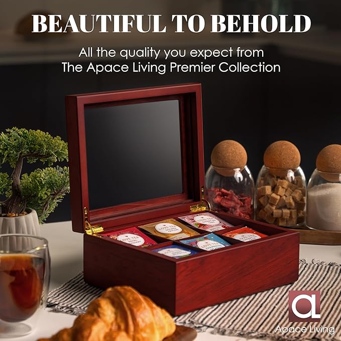 Tea Box - Luxury Wooden Tea Bag Organizer from The Apace Premier Collection - 6 Compartment Tea Storage Chest Container - Elegantly Handmade w/Scratch Resistant Window