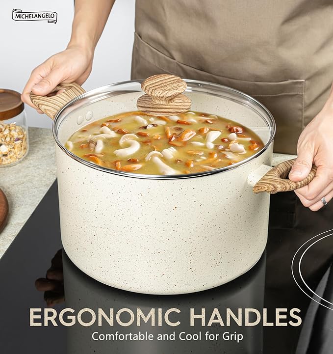 MICHELANGELO 8 Quart Stock Pot with Lid, Nonstick Cooking Pots, 8 Qt Soup Pot with Lid, Induction Pots for Cooking, Stockpot with Healthy Coating, White