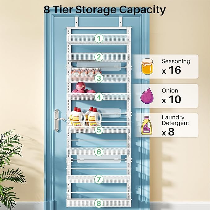 Over the Door Pantry Organizer - 8 Tier Adjustable Hanging Door Spice Rack, Large Capacity for Kitchen Pantry Storage (White)