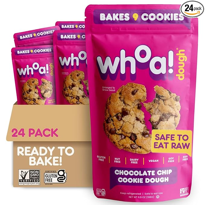 Whoa Dough Ready to Bake Cookie Dough Chocolate Chip – Certified Non-GMO, Kosher, Gluten Free – Plant-Based Snack Dough Made with Real Ingredients – 24 Pack