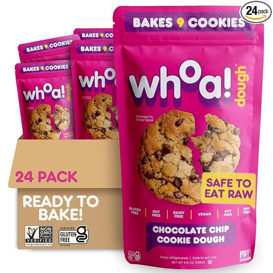 Whoa Dough Ready to Bake Cookie Dough Chocolate Chip – Certified Non-GMO, Kosher, Gluten Free – Plant-Based Snack Dough Made with Real Ingredients – 24 Pack