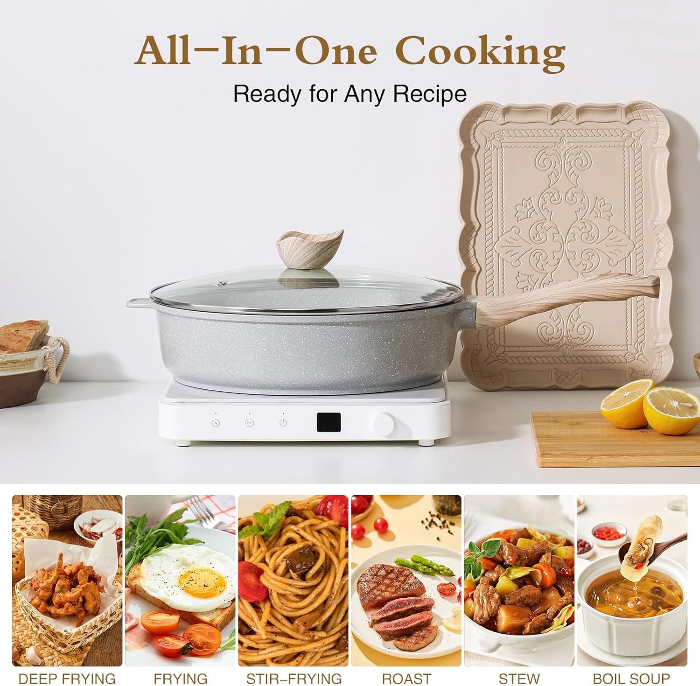 Nonstick Ceramic Deep Frying Pan, 12 Inch Non Toxic Large Skillet with Lid, 5 Qt Healthy Jumbo Cooker, Saute Pan for Cooking, Induction Cookware, PFOA & PFAS Free