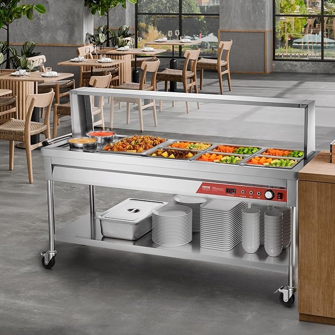 VEVOR Commercial Electric Food Warmer, 7 Pans + 2 Pots Steam Table, 1800W Professional Buffet Catering Food Warmer with Shield Undershelf Wheels, Stainless Steel Server for Party Restaurant