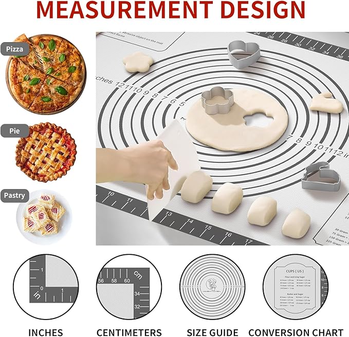 Silicone Baking Mat with Measurement, Non Stick Pastry Mat for Dough Rolling, Fondant Mat, Pie Crust Pizza, Macaron,Cookie Sheet, Reusable Baking Supplier Tools
