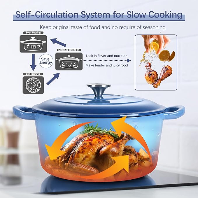 E-far Dutch Oven Pot with Lid, 5 Quart Enameled Cast Iron Round Dutch Oven Stockpot for Bread Baking/Braising/Cooking/Roasting/Stewing, Heavy Duty Nonstick Cookware Safe for Induction & Oven - Blue