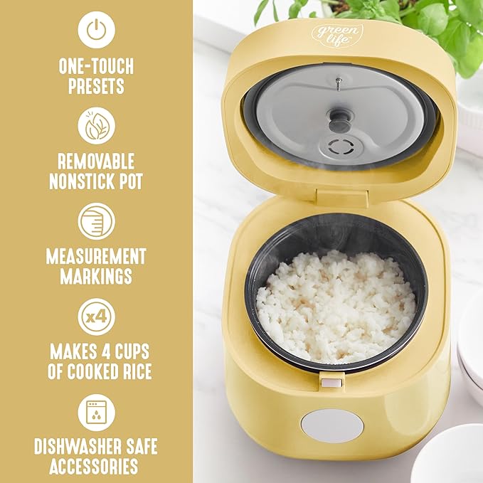 GreenLife Digital Rice Cooker, 2-Cups Uncooked/4-Cups Cooked, Removable Nonstick Ceramic PFAS-Free Pot, One-Touch Presets, Oats, Quinoa, Brown Rice, Auto Keep Warm, Fuzzy Logic Tech, 1.5 QT, Butter Yellow