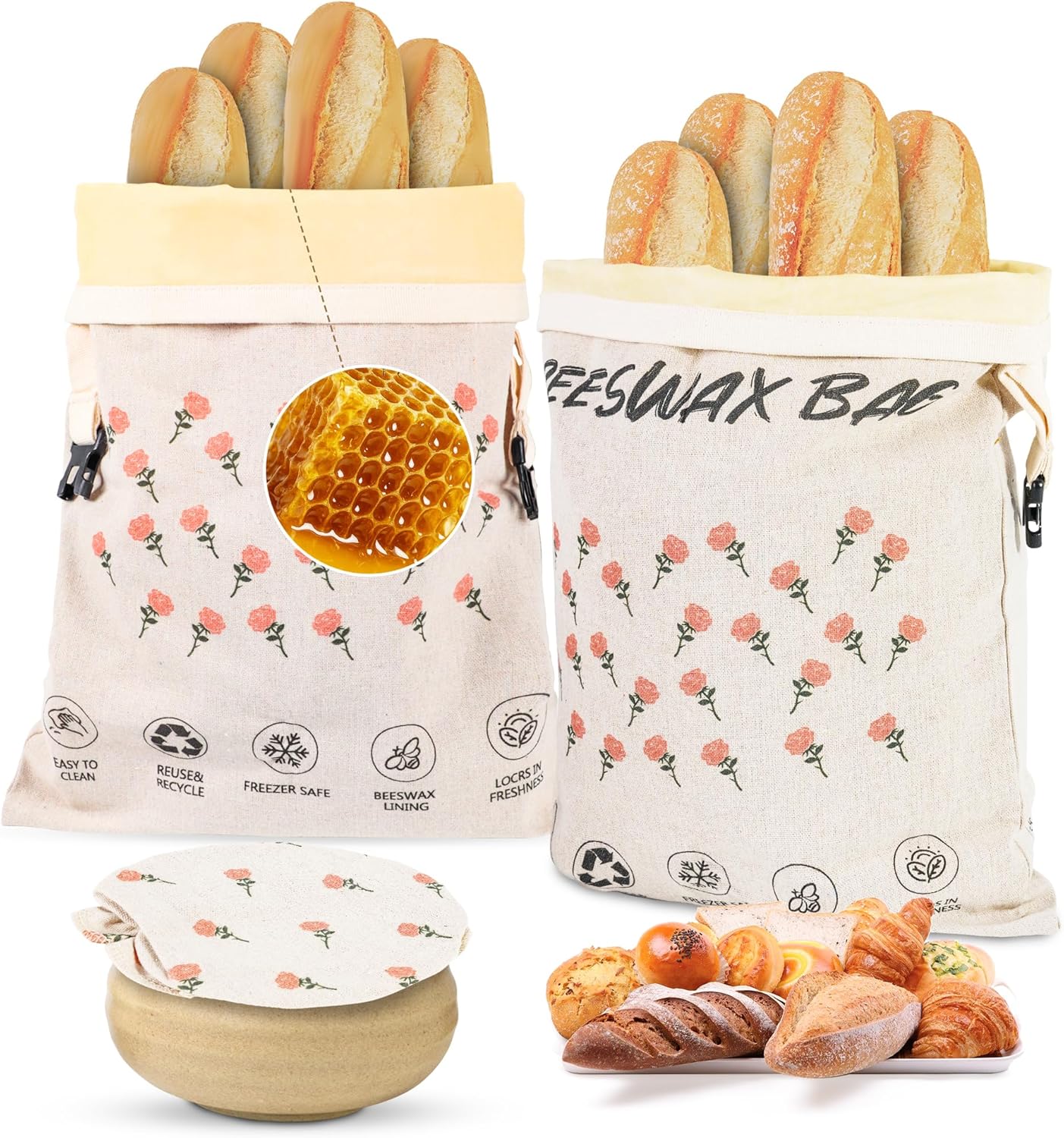3-Pack Reusable Beeswax Bread Bags for Homemade Bread Sourdough, 2 Natural Beeswax 100% Linen Moisture-proof Lined Storage Bags with Buckle& 1 Bowl Covers –Easy to Clean,Safe,Keeps Bakes Fresh Longer