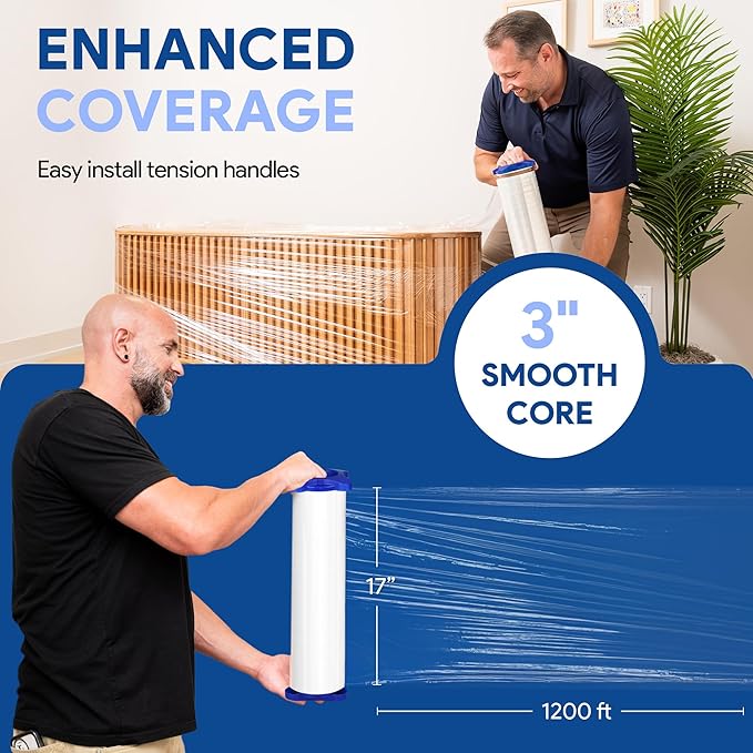 International Plastics Co. 15" Plastic Stretch Film Wrap with Tension Handles 1200ft 500% Stretch Clear Cling Durable Adhering Packing Moving Packaging Heavy Duty Shrink