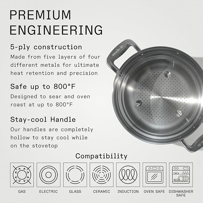 Made In Cookware - 8 Quart Stainless Steel Stock Pot With Lid and Pasta Insert - 5 Ply Stainless Clad - Professional Cookware - Crafted in Italy - Induction Compatible