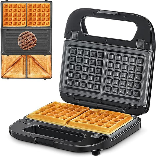 3-in-1 Waffle, Grill & Sandwich Maker, Panini Press Grill and Waffle Iron Set with Removable Non-Stick Plates, Perfect for Cooking Grilled Cheese, Tuna Melts, Burgers, Steaks and Snacks, Black (3 in1 Sandwich Maker With Plastic Handle)
