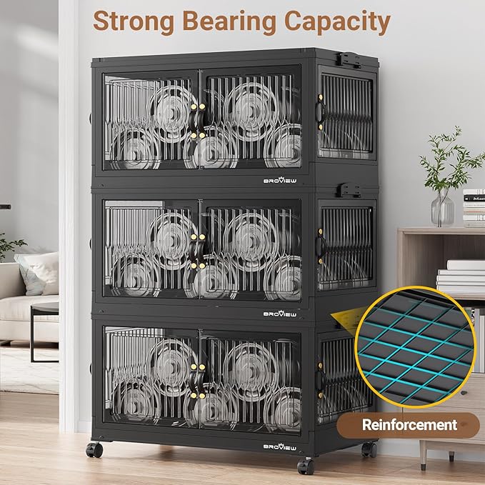 360QT Large Stackable Storage Bins with Lids, Plastic Closet Organizer and Storage Drawer, Collapsible Storage Box with Wheels, Folding Storage Cabinet with Doors for Home Kitchen, 3Pack Black