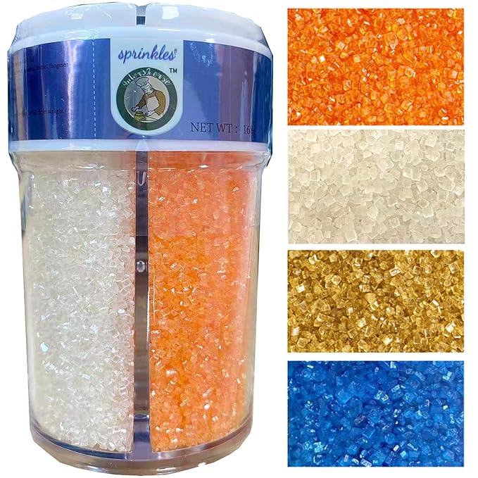 Sentovac 4-Colors Sanding Sugar for Baking Edible Sparkling Sugar Sprinkles Coarse Sugar Crystals for Baking Cake Cookie Cupcake Topper Ice Cream Decoration Supplies（Blue Orange Gold White）
