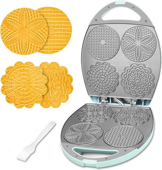 Baker's Friend Multi Pizzelle Maker Electric, Stroopwafel Iron, 4 x 4.5'' Pizzelle Waffle Cookies Maker with Temperature Control, Ideal for Holidays, Parties & More, Great Choice for Gift