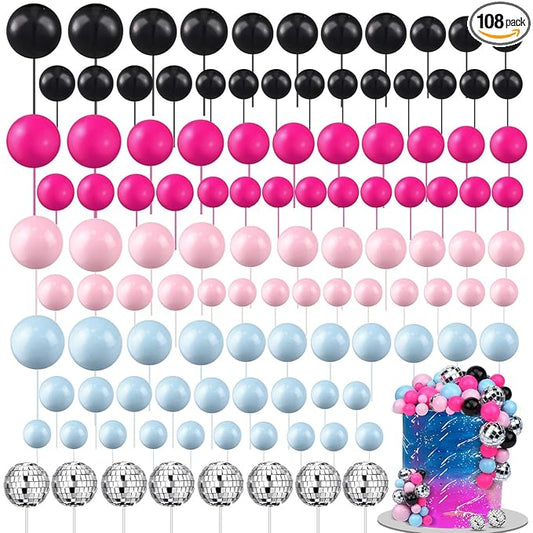108 Pcs Balls Cake Topper DIY Cupcake Insert Foam Balloons for Cake Baking Wedding Anniversary Birthday Decoration(Graceful Colors,Multi Sizes)