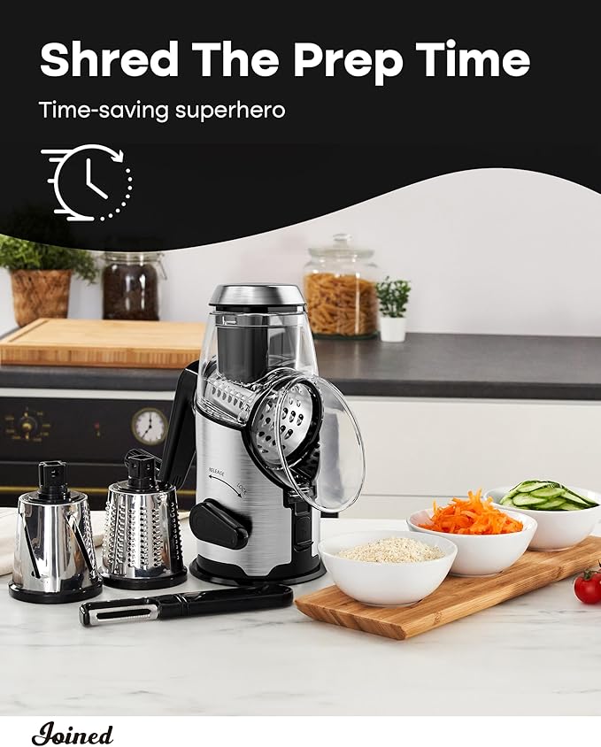 Joined Rotary Cheese Grater with Handle - Mandoline Slicer with 3 Stainless Steel Drum Blades-Vegetable Slicer Walnuts Grinder Cheese Shredder Round Mandoline with Peeler