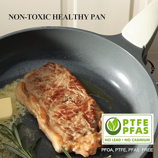 Nonstick Ceramic Frying Pan Set, Non Toxic Skillet, Healthy Egg & Omelet & Chef's Pan, PTFE PFOA & PFAS Free, Induction Compatible (8+10 Inch)